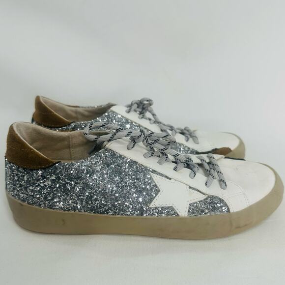 Shu Shop Paula Sneakers Silver Glitter Star Low Top Fashion Shoes Size 6 - Picture 4 of 7